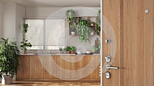 Wooden entrance door opening on kitchen with appliances and many houseplants. Welcome home concept, urban jungle interior design