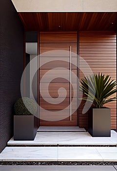 Wooden entrance door to modern house with paving footpath and backside garden