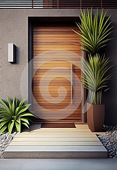 Wooden entrance door to modern house with paving footpath and backside garden
