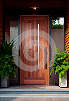 Wooden entrance door to modern white house with paving footpath and backside garden