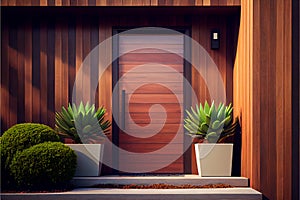 Wooden entrance door to modern white house with paving footpath and backside garden