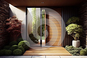 Wooden entrance door to modern white house with paving footpath and backside garden