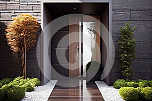 Wooden entrance door to modern white house with paving footpath and backside garden