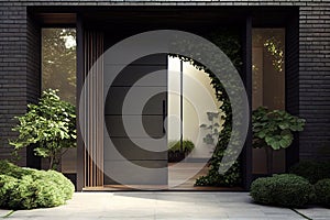 Wooden entrance door to modern white house with paving footpath and backside garden