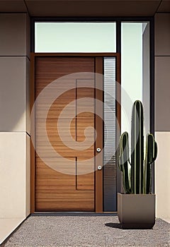 Wooden entrance door to modern white house with paving footpath and backside garden