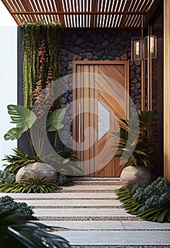 Wooden entrance door to modern white house with paving footpath and backside garden