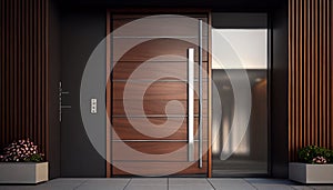 Wooden entrance door to modern white house with paving footpath and backside garden