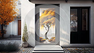 Wooden entrance door to modern white house with paving footpath and backside garden