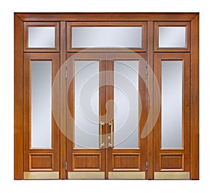 Wooden entry with clear glass windows and double door with long gilded handles, isolated on white background