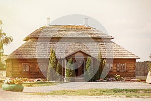 Wooden ethnic houses on rural landscape - village of birthplace of Tadeusz Kosciuszko - Kossovo, Belarus.