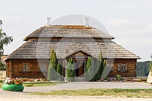 Wooden ethnic houses on rural landscape - village of birthplace of Tadeusz Kosciuszko - Kossovo, Belarus