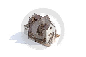 Wooden Factory building rendered in Isometric on White background.