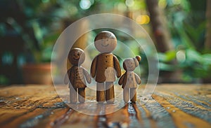 Wooden family figures on table. Family and insurance concept