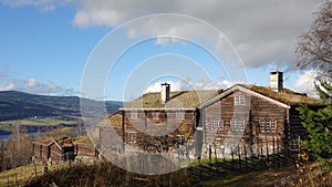 Wooden farm houses at Maihaugen Open Air museum in Lillehammer in Norway