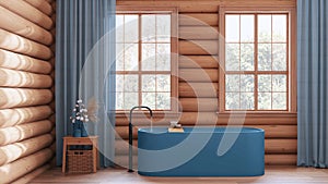 Wooden farmhouse log cabin in blue and beige tones. Vintage bathroom with bathtub, panoramic windows, rustic interior design