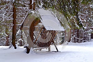 Wooden feeder for wildlife in snowy forest