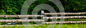 Wooden fence against the background of deciduous forest in the evening, rural landscape. Web banner