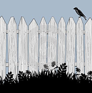 A wooden fence with a bird sitting on it and black silhouette of growing grass