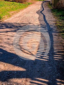 Wooden fence casting shadows on dirt road