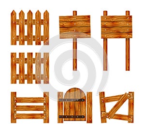 Wooden fence with a gate and signboard. Elements set for rural design. Cartoon vector illustration.