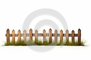 Wooden fence with grass growing through it and white background. Generative AI