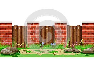 Wooden fence with grass and stones isolated on white background.