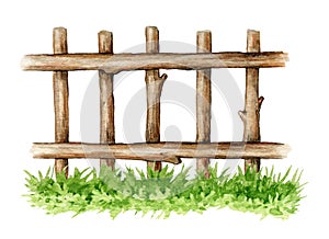 Wooden fence on the grass. Watercolor illustration. Wood trunk fence with green grass element. White background. Hand