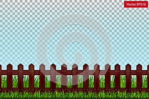 Wooden fence and green grass on a transparent background.