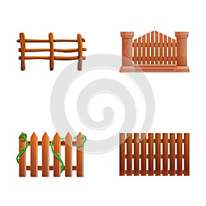 Wooden fence icons set cartoon . Different type of wood fence