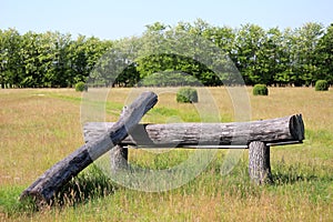 Wooden fence obstacle for an equestrian cross country event