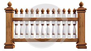 A wooden fence, palisade, stockade or balustrade with pickets. A brown and white banister or fence section with paling photo