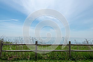 Wooden fence in park overlooking Lake Ontario, Ajax, Ontario