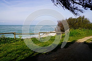 Wooden fence pathway in dune protect to beach sea in oleron island coast Atlantic ocean in france