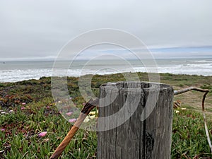 Wooden fence post with rusty wires in Cambria, CA