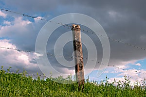 Wooden fence post and sky in background