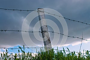 Wooden fence post and sky in background