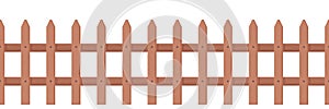 Wooden fence rustic style. Picket fence for front garden, flower beds lawns.