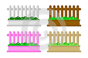 Wooden fence set with green grass. Cartoon rural Wood farm fence outdoor. Vector illustration