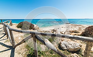 Wooden fence by the shore in Santa Giusta beach in Castiadas photo