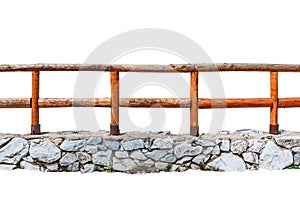 Wooden fence on a stone wall isolated on white