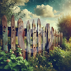 A wooden fence is surrounded by flowers and grass. The sky is filled with clouds.