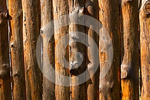 Fence of pine logs. The territory of a country house