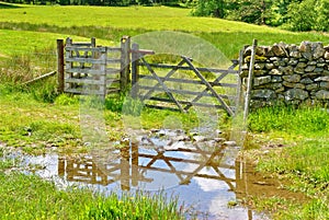 Wooden field gate reflected in puddle