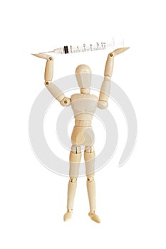 Wooden figure holding medicine injector