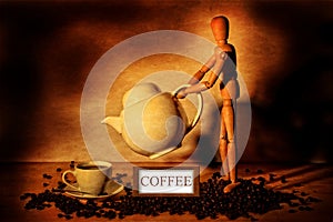 Wooden figure with pot and Coffee cup