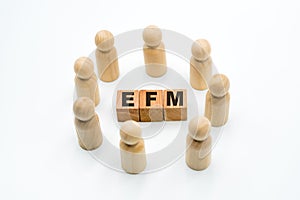 Wooden figures as business team in circle around acronym EFM Enterprise Feedback Management