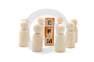 Wooden figures as business team in circle around acronym EFM Enterprise Feedback Management