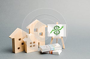 Wooden figures of houses and a poster with money. The concept of real estate value growth. Increase liquidity and attractiveness