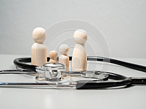 Wooden figures and a medical stethoscope.
