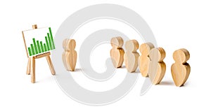 Wooden figures of people stand in the formation and listen to their leader. Business training, briefing and inspirational speech.